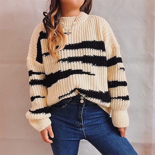 

Women's Pullover Sweater Jumper Crochet Knit Knitted Striped Crew Neck Stylish Casual Daily Going out Fall Winter White Black S M L / Long Sleeve