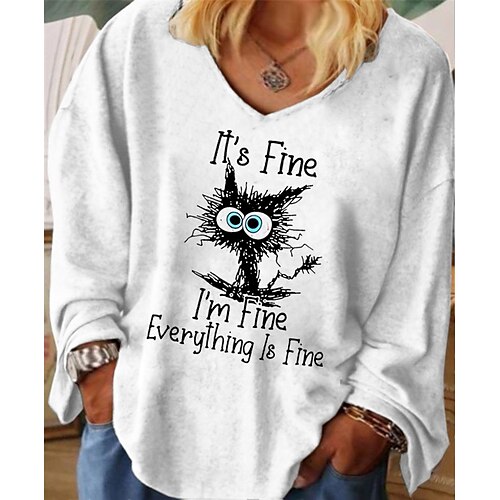 

Women's Plus Size Tops T shirt Tee Cat Letter Print Long Sleeve V Neck Streetwear Daily Vacation Cotton Spandex Jersey Fall Winter Green White