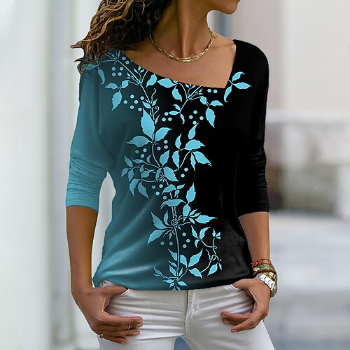 

Women's T shirt Tee Blue Purple Pink Floral Print Long Sleeve Casual Weekend Basic V Neck Regular Floral Painting S