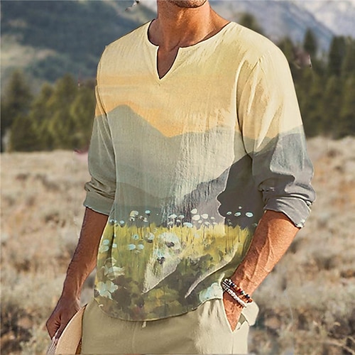

Men's Unisex T shirt Tee 3D Print Graphic Prints Landscape V Neck Street Daily Print Long Sleeve Tops Designer Lightweight Fashion Big and Tall Yellow