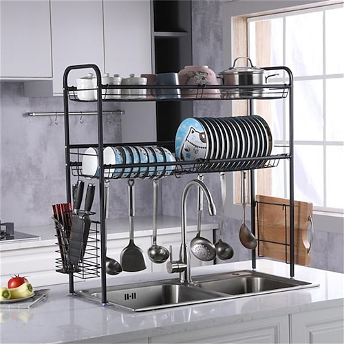 

Stainless Steel Double Layer Inner Length 90cm Kitchen Bowl Rack Shelf Black