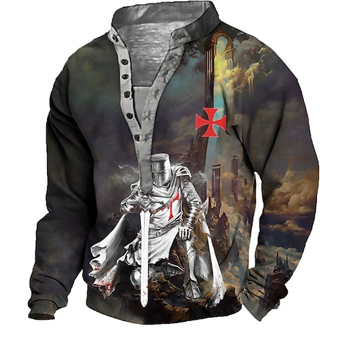 

Men's Unisex Sweatshirt Pullover Button Up Hoodie Black Standing Collar Knights Templar Graphic Prints Print Casual Daily Sports 3D Print Streetwear Designer Casual Spring & Fall Clothing Apparel