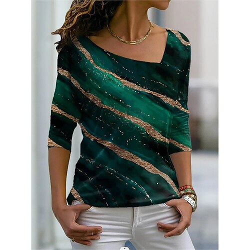 

Women's T shirt Tee Geometric Casual Daily Holiday T shirt Tee Long Sleeve Patchwork Print V Neck Basic Green S / 3D Print