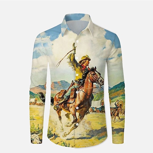 

Men's Shirt 3D Print Portrait Horse Turndown Street Casual Button-Down Print Long Sleeve Tops Casual Fashion Breathable Blue