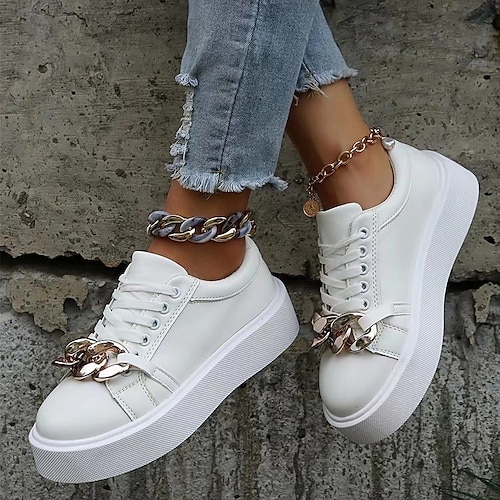 

Women's Sneakers Daily Plus Size Platform Sneakers White Shoes Winter Flat Heel Round Toe Classic Walking Shoes PU Leather Elastic Band Solid Colored White