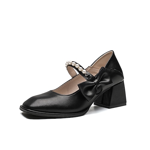 

Women's Heels Mary Jane Imitation Pearl Chunky Heel Square Toe Elegant Sweet Daily Office PU Leather Buckle Fall Spring Black Beige