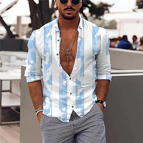 

Men's Shirt 3D Print Striped Camouflage Turndown Street Casual Button-Down Print Long Sleeve Tops Designer Casual Fashion Breathable Blue