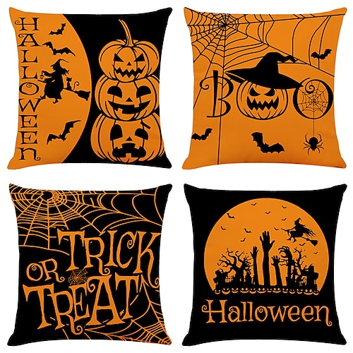 

Halloween Double Side Cushion Cover 4PC Soft Decorative Square Throw Pillow Cover Cushion Case Pillowcase for Bedroom Livingroom Superior Quality Machine Washable Indoor Cushion for Sofa Couch Bed Chair Pumpkin Bat