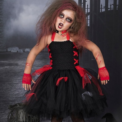 

Kids Girls' Gothic Demon Vampire Cosplay Halloween Tutu Dress Solid Colored Black Cotton Asymmetrical Sleeveless Costume Dresses Regular Fit 3-12 Years