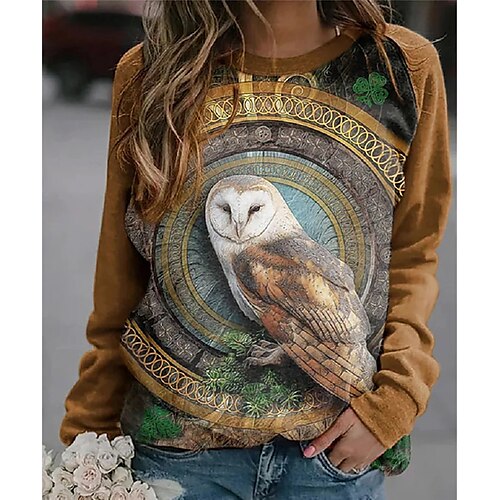 

Women's Sweatshirt Pullover Active Streetwear Print Orange Brown Bird Feather Daily Round Neck Long Sleeve S M L XL XXL / 3D Print