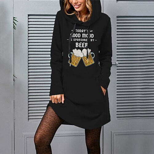 

Women's Hoodie Dress Shift Dress Short Mini Dress Black Long Sleeve Print Letter Pocket Print Fall Winter Hooded Casual Loose 2022 S M L XL XXL 3XL / Cotton