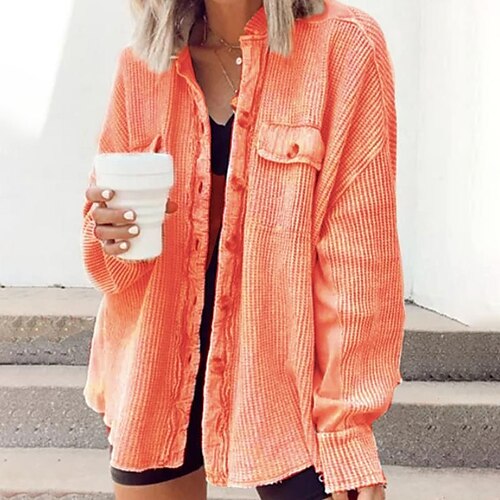 

Women's Casual Jacket Street Vacation Going out Fall Winter Regular Coat Regular Fit Thermal Warm Simple Casual Daily Shacket Jacket Long Sleeve Pure Color Irregular Hem Orange