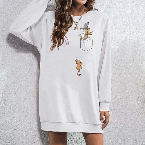 

Women's Hoodie Dress Streetwear Long Print White Cat Daily Crew Neck Long Sleeve S M L XL XXL