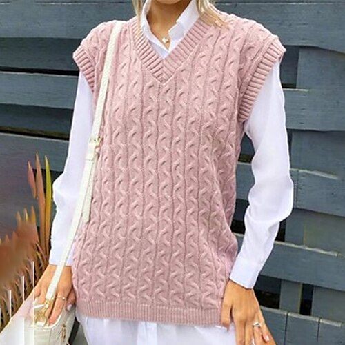 

dame sweater vest jumper kabel strik strikket ren farve v-hals stilfuld afslappet dagligt gå ud efterår vinter pink 2xl