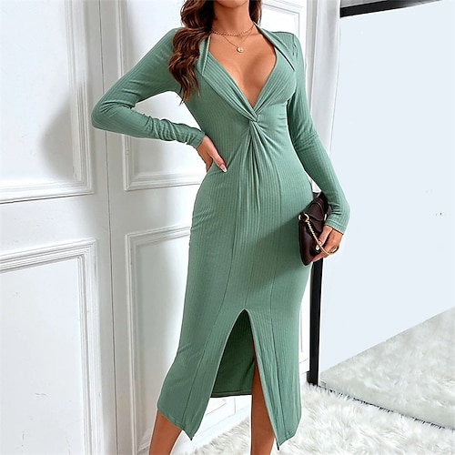 

Women's T Shirt Dress Tee Dress Sheath Dress Midi Dress Green Long Sleeve Pure Color Split Ruched Fall Winter Deep V Fashion Modern Party Slim 2022 S M L XL