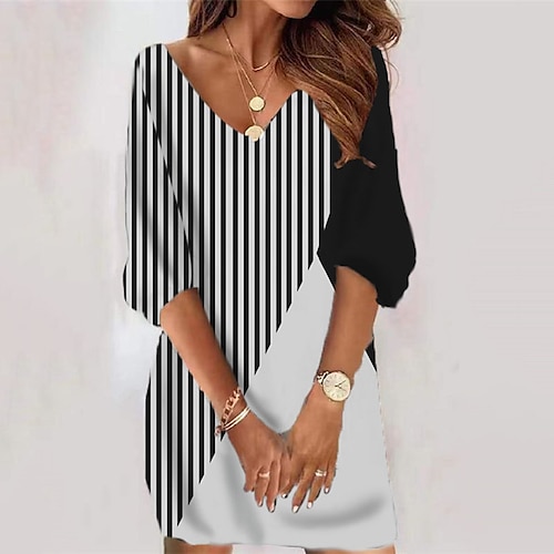 

Women's Casual Dress Bodycon Short Mini Dress Black 3/4 Length Sleeve Striped Geometric Print Fall Winter V Neck Casual Vacation Loose 2022 S M L XL XXL 3XL