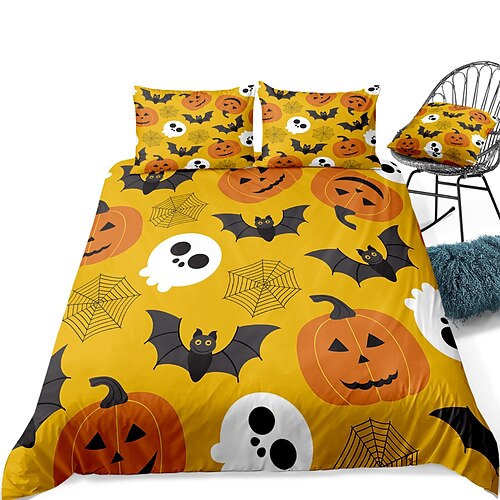 

Halloween Pumpkin 3-Piece Duvet Cover Set Hotel Bedding Sets Comforter Cover Include 1 Duvet Cover, 2 Pillowcases for Double/Queen/King(1 Pillowcase for Twin/Single)