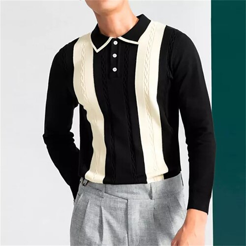 

Herre POLO Trøje Strik Polo Gade Afslappet Polo krave Klassisk Langærmet Mode Afslappet Farveblok Knap foran Knap ned Forår & Vinter Regulær Sort POLO Trøje