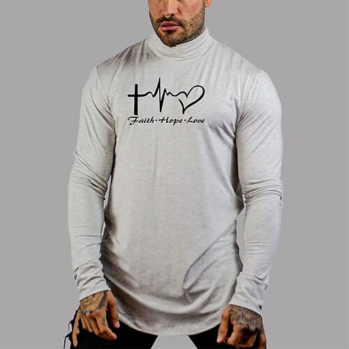 

Men's T shirt Tee Graphic Letter Standing Collar Gray Long Sleeve Hot Stamping Street Daily Print Tops Fashion Designer Casual Comfortable / Sports