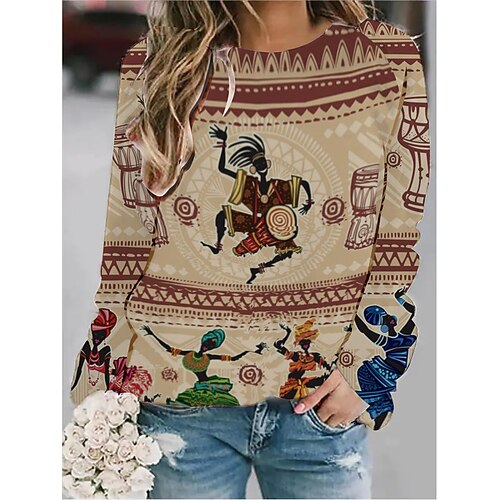 

Women's Sweatshirt Pullover Active Ethnic Streetwear Print Khaki Graphic Daily Round Neck Long Sleeve S M L XL XXL / 3D Print