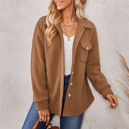 

Women's Casual Jacket Warm Breathable Outdoor Daily Wear Vacation Going out Patchwork Button Pocket Single Breasted Turndown Casual Modern Comfortable Street Style Solid Color Loose Fit Outerwear