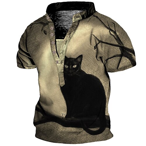 

Men's T shirt Tee Henley Shirt Tee Graphic Animal Cat Stand Collar Brown Short Sleeve 3D Print Plus Size Outdoor Daily Button-Down Print Tops Basic Casual Classic Big and Tall / Summer / Summer