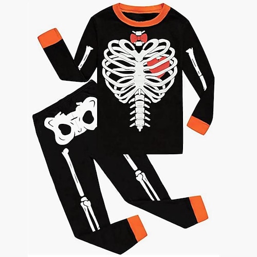 

2 Pieces Kids Boys Halloween T-shirt & Pants T-shirtSet Clothing Set Outfit Skull Long Sleeve Print Set Outdoor Sports Fashion Cool Winter Fall 3-12 Years Black