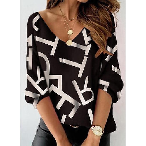 

Women's Shirt Feather Letter Daily Weekend Shirt Long Sleeve Print V Neck Casual Streetwear White Black Grey S / 3D Print
