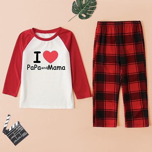 

2 Pieces Kids Unisex Christmas Clothing Set Outfit Plaid Heart Letter Long Sleeve Patchwork Set Indoor Daily Sweet Fall Spring 2-8 Years Red