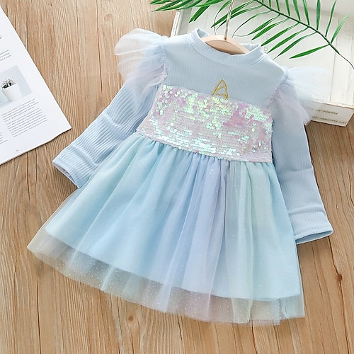 

Kids Girls' Dress Sequin Solid Colored Long Sleeve Performance Mesh Sparkle Princess Sweet Cotton Knee-length A Line Dress Fall Winter 2-6 Years Pink Blue