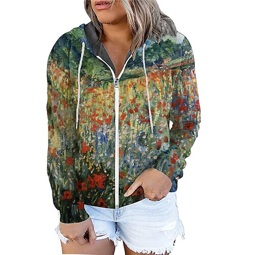 

Women's Plus Size Tops Hoodie Sweatshirt Floral Zipper Print Long Sleeve Hooded Streetwear Daily Vacation Polyester Fall Winter Green Purple / 3D Print