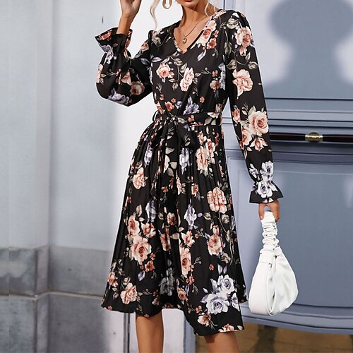 

Women's A Line Dress Swing Dress Knee Length Dress Black Long Sleeve Floral Ruched Print Fall Winter V Neck Vacation 2022 S M L XL