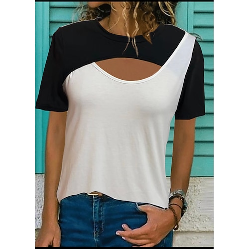 

Women's T shirt Tee Color Block Casual Weekend T shirt Tee Short Sleeve Cut Out Patchwork Round Neck Basic White S