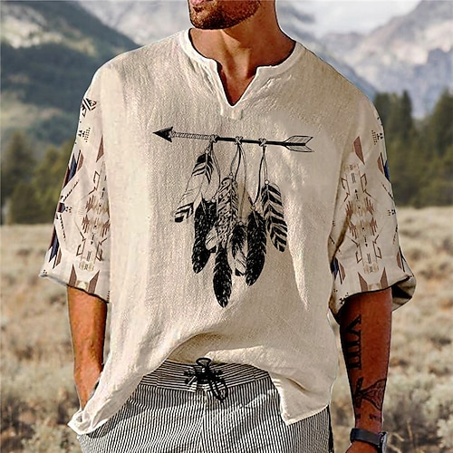 

Men's Unisex T shirt Tee Graphic Prints Feather V Neck Beige Long Sleeve 3D Print Outdoor Street Print Tops Basic Sports Designer Casual