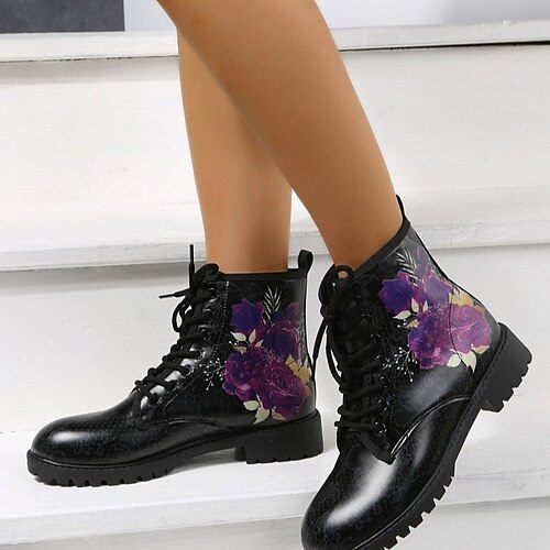 

Women's Boots Combat Boots Lace-up Block Heel Round Toe Classic Daily Walking Shoes PU Leather Lace-up Fall Winter Polka Dot Black