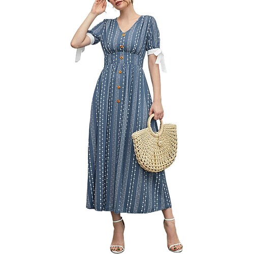 

Women's A Line Dress Swing Dress Maxi long Dress Green Blue Gray Pink Yellow Wine Red Short Sleeve Polka Dot Button Print Fall Spring V Neck Stylish Fashion Modern 2022 S M L XL / Summer