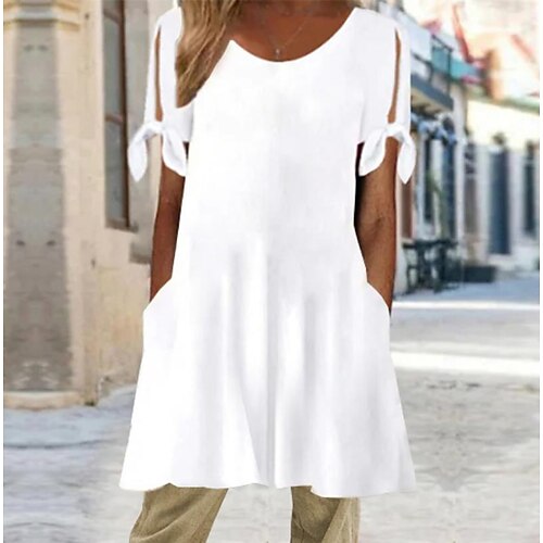 

Women's T shirt Tee White Plain Pocket Cut Out Short Sleeve Casual Weekend Basic Round Neck Long S