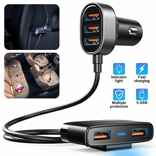 

5 Multi USB Car Charger Car Charger Adapter 30W USB Car Charger for Multiple Devices 12V USB Charger Multi Port Car Charger Cigarette Lighter Adapter USB Charger with 5FT Cable for Back Seat Charging