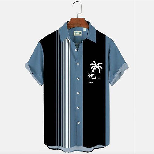 

Men's Bowling Shirt Camp Shirt Color Block Coconut Tree Stripe Graphic Prints Turndown Blue Army Green Brown Hot Stamping Sports Holiday Short Sleeves Button-Down Print Clothing Apparel Fashion