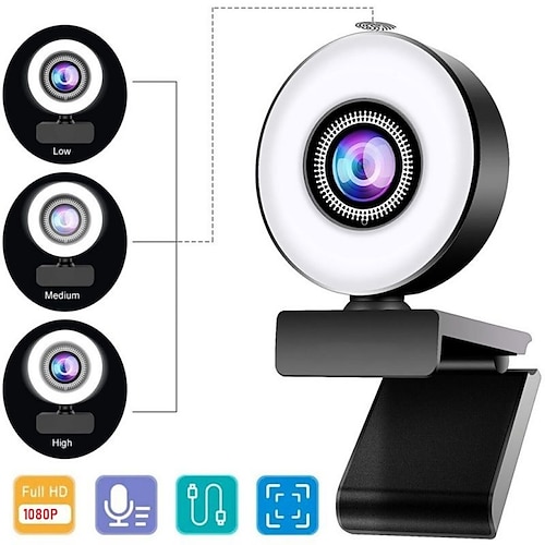 

1080P Ring Full HD Streaming Webcam, PC Web Camera with Ring Fill Light and Dual Microphone for YouTube, Skype, Online Classes, Studying, Video Call, Conference, Gaming (USB Plug & Auto-Focus)