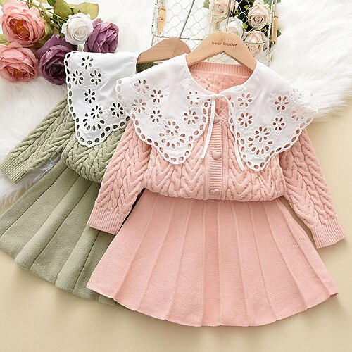 

2 Pieces Kids Girls' SkirtSet Clothing Set Outfit Solid Color Long Sleeve Pleated Set Daily Casual Winter Fall 2-6 Years Green Pink