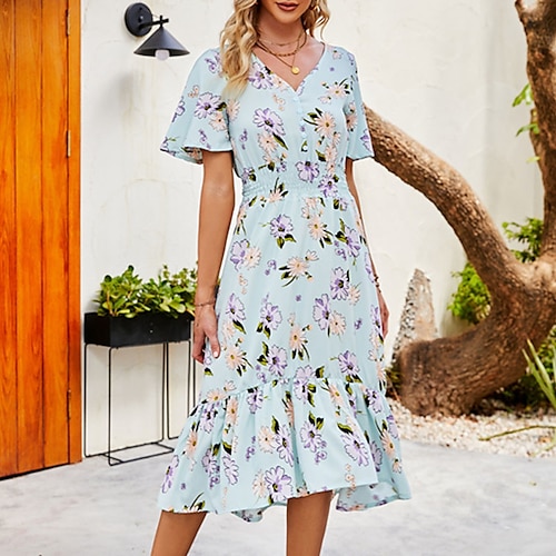 

Women's A Line Dress Chiffon Dress Midi Dress Black Pink Dark Blue Orange Light Blue Short Sleeve Floral Ruffle Print Spring Summer V Neck Romantic Modern 2022 S M L XL XXL
