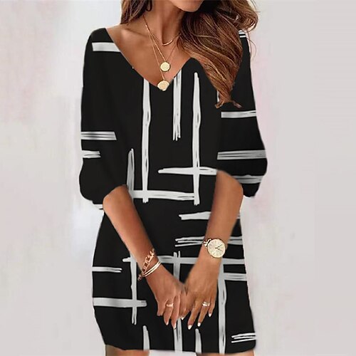 

Women's Casual Dress Bodycon Sheath Dress Mini Dress Black White 3/4 Length Sleeve Geometric Print Winter Fall V Neck Vacation Loose Fit 2023 S M L XL XXL 3XL