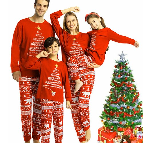 

Christmas Pajamas Family Set Ugly Cotton Bear Christmas Tree Daily Dark Blue Red Navy Blue Long Sleeve Mom Dad and Me Daily Matching Outfits Spring Fall Casual