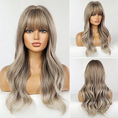 

Wig Female Full Head Cover Mechanism Wig Gradient Golden Air Bangs Hair Medium Long Curly Hair
