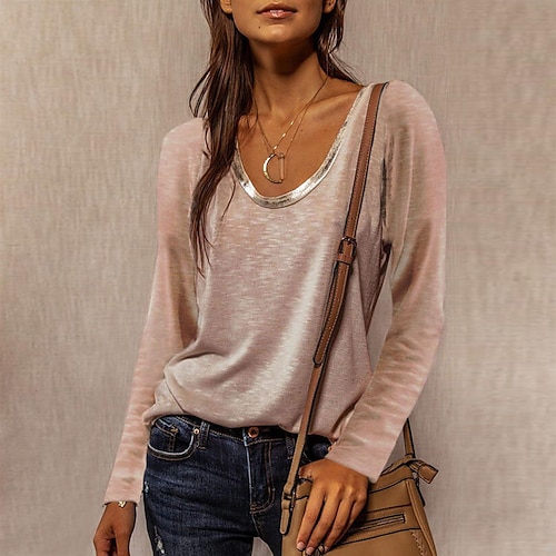 

Women's T shirt Tee Color Block Casual Holiday Weekend T shirt Tee Long Sleeve Patchwork Round Neck Basic Pink Beige S