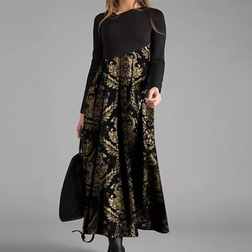 

Women's Midi Dress Yellow Gray Long Sleeve Floral Print Winter Fall V Neck Mature Winter Dress Fall Dress 2022 S M L XL XXL 3XL