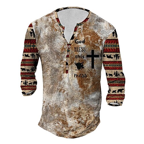 

Men's T shirt Tee Henley Shirt Tee Graphic Tribal Henley Brown Long Sleeve 3D Print Plus Size Outdoor Daily Button-Down Print Tops Basic Boho Classic Comfortable / Sports