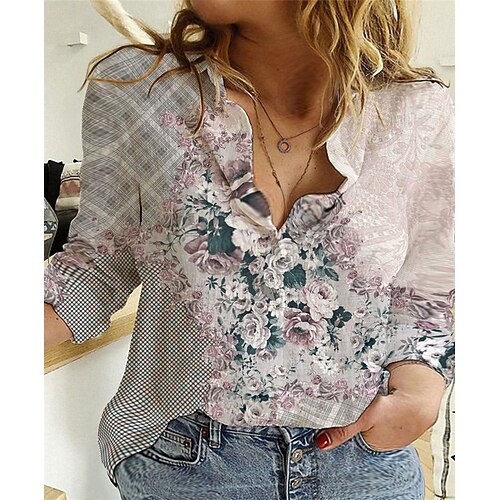 

Women's Plus Size Tops Blouse Shirt Floral Print Long Sleeve Shirt Collar Casual Daily Going out Polyester Fall Winter Purple Pink