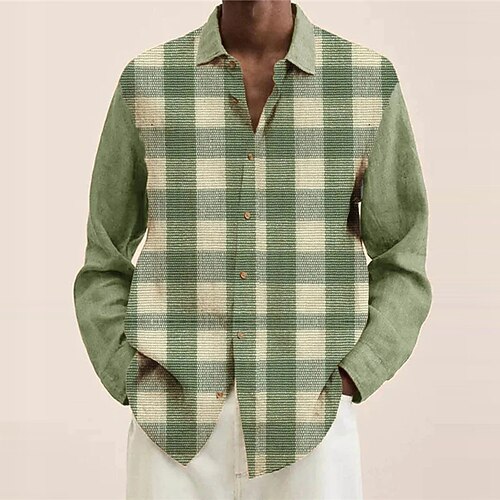 

Men's Shirt 3D Print Plaid Turndown Street Casual Button-Down Print Long Sleeve Tops Casual Fashion Breathable Green
